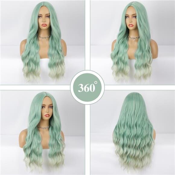 Green Wig Long Wavy Wig For Women Middle Part Wavy Wigs Synthetic Heat Resistant - Picture 4 of 6
